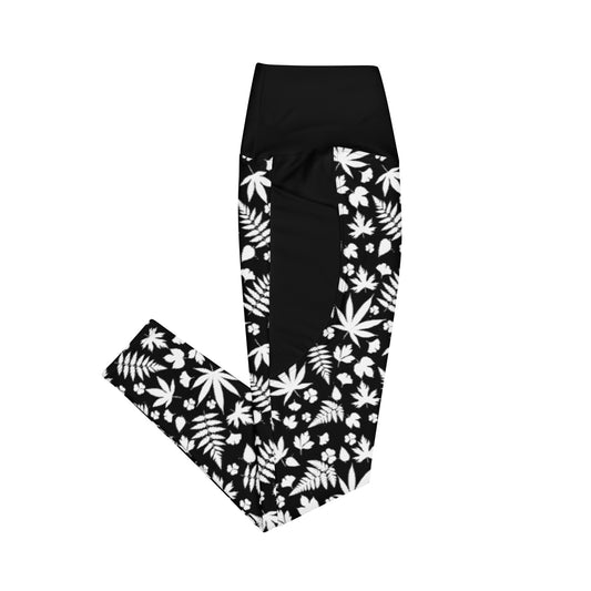 Black And White Cannabis Leggings With Pockets