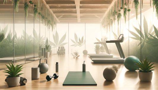 Tranquil gym setting blending fitness and wellness, featuring a yoga mat, dumbbells, and subtle cannabis leaf motifs, promoting a serene exercise environment.