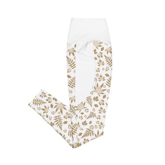 White Weed Flower Leggings With Pockets
