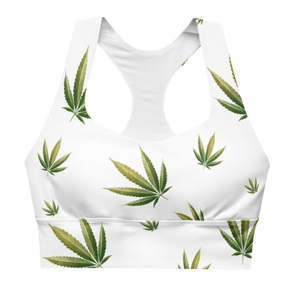 White Real Cannabis Leaf Longline Sports Bra