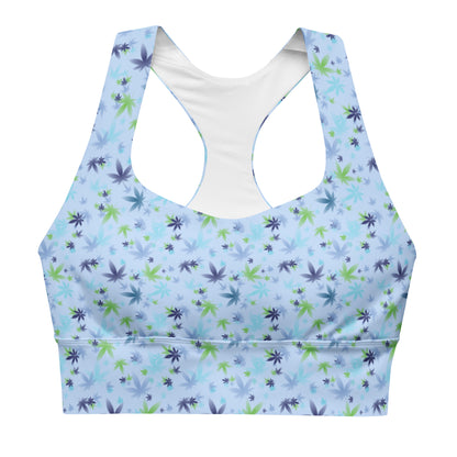 Baby Blue Cannabis Leaf Longline Sports Bra