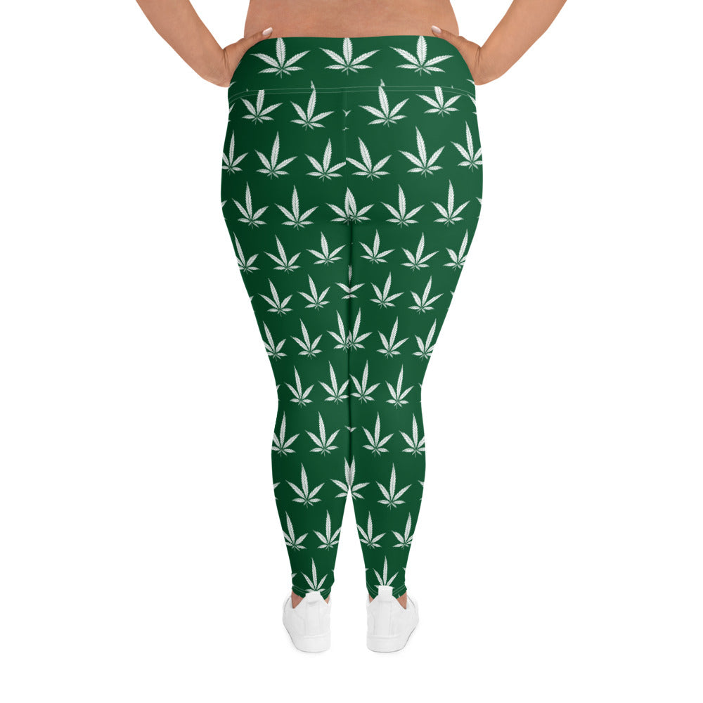 Forest Serenity Plus Size Leggings - White Leaf Pattern