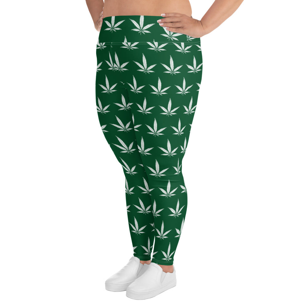 Forest Serenity Plus Size Leggings - White Leaf Pattern