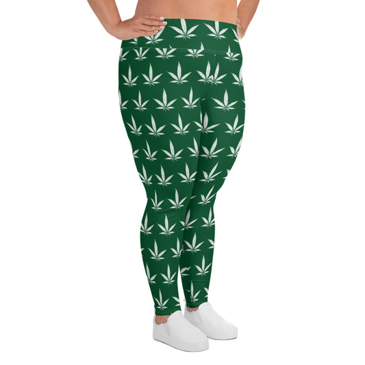 Forest Serenity Plus Size Leggings - White Leaf Pattern