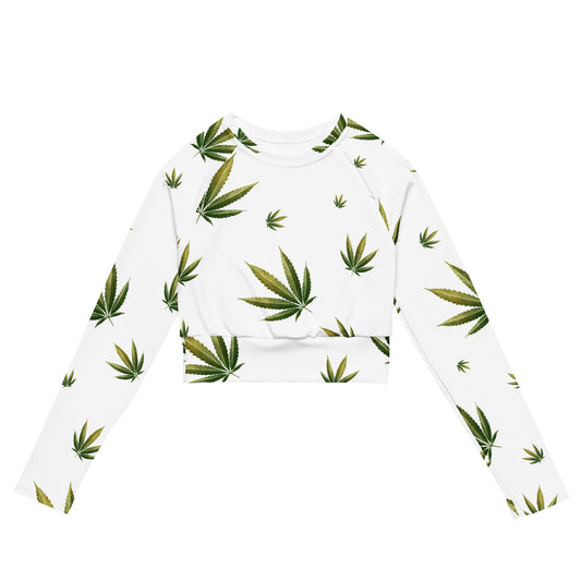 White Cannabis Leaf  Recycled Long Sleeve Crop Top