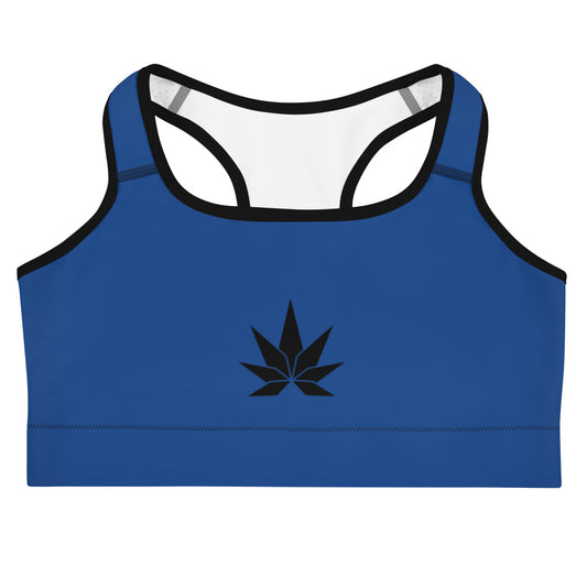 Blue Sports Bra With Black Cannabis Leaf