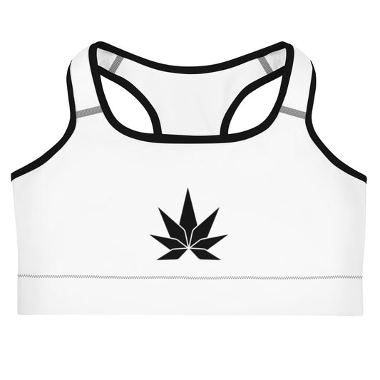 White  Sports Bra Black Cannabis Leaf