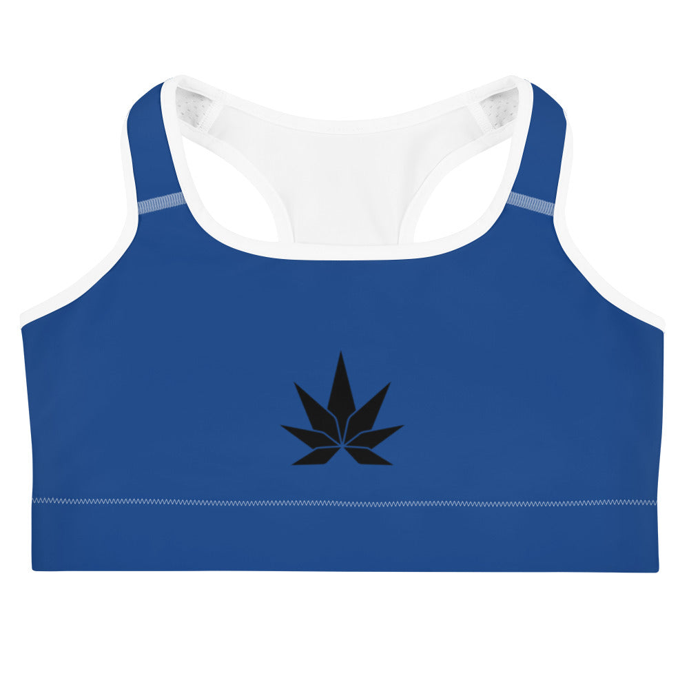 Blue Sports Bra With Black Cannabis Leaf