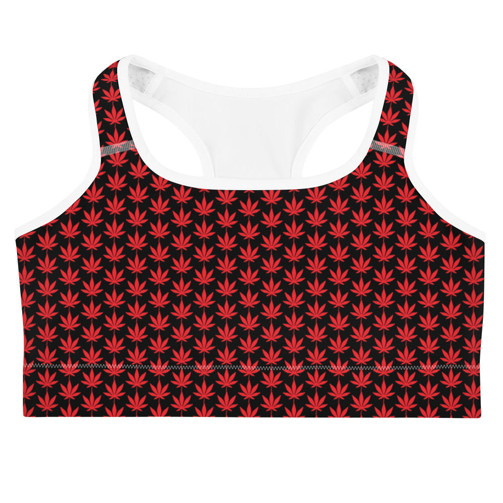 Red And Black Cannabis Weed Sports Bra