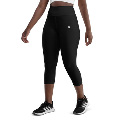 Black Yoga Capri Leggings With White Weed Leaf