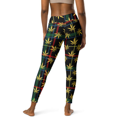 Gold Cannabis Leaf Plaid Yoga Leggings