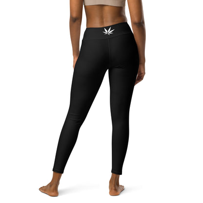 Comfort Black Yoga Leggings With White Weed Leaf