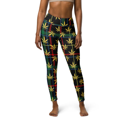 Gold Cannabis Leaf Plaid Yoga Leggings