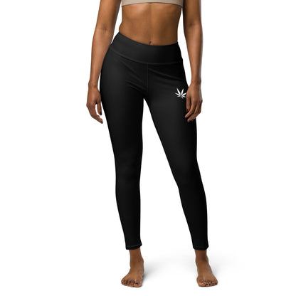 Comfort Black Yoga Leggings With White Weed Leaf