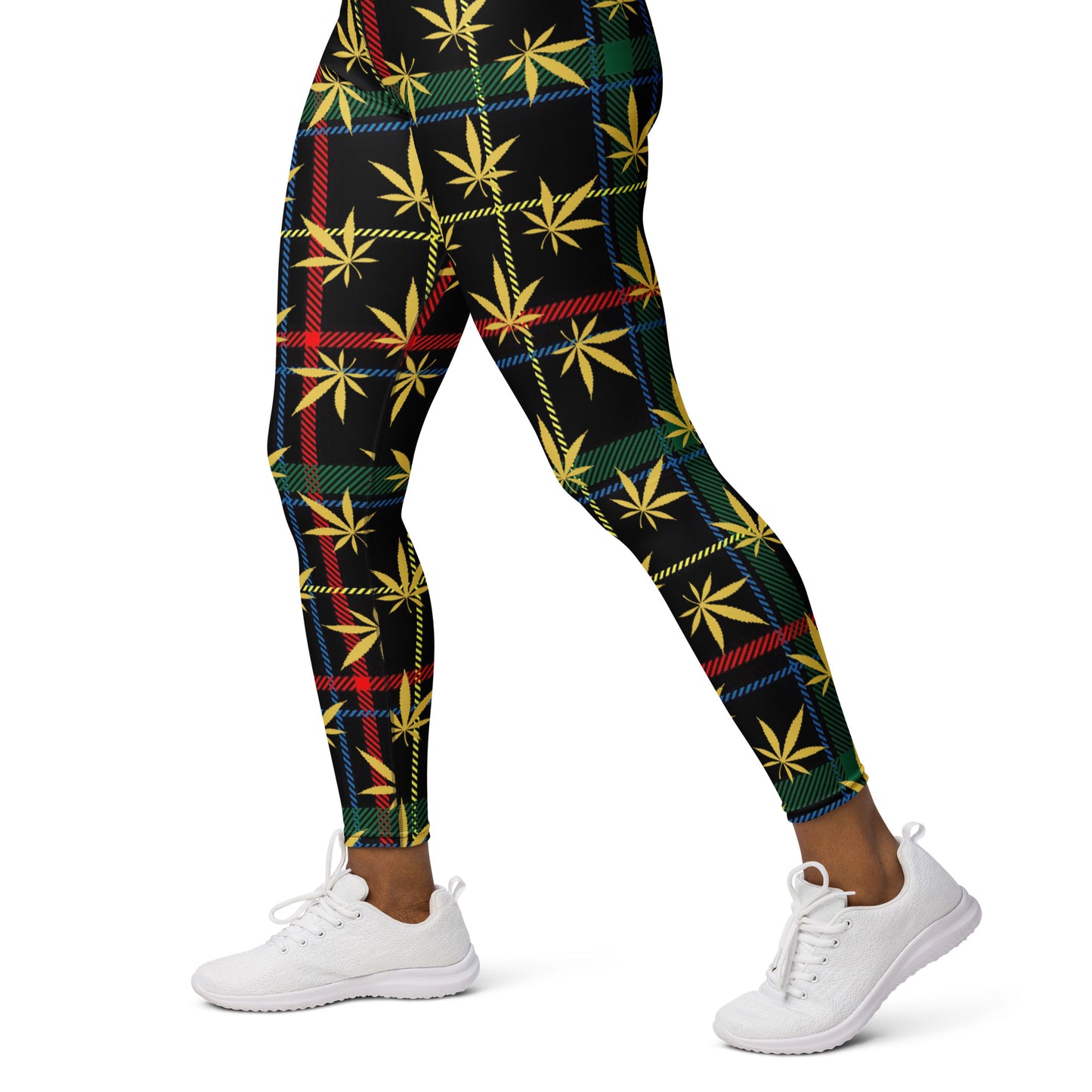 Gold Cannabis Leaf Plaid Yoga Leggings