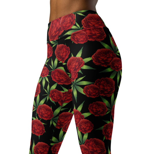 Schwarze rote Rosen-Yoga-Leggings