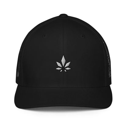 White And Black Weed Leaf Closed-back Trucker Cap