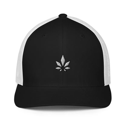 White And Black Weed Leaf Closed-back Trucker Cap
