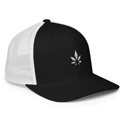 White And Black Weed Leaf Closed-back Trucker Cap