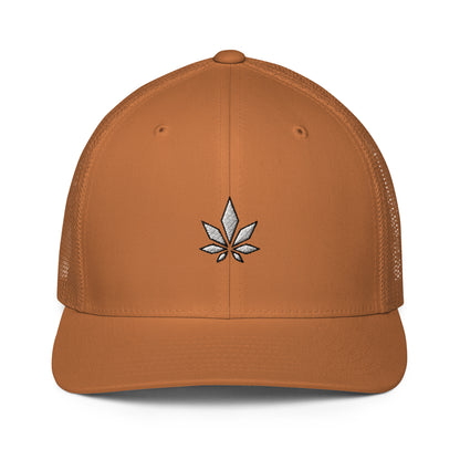 White And Black Weed Leaf Closed-back Trucker Cap