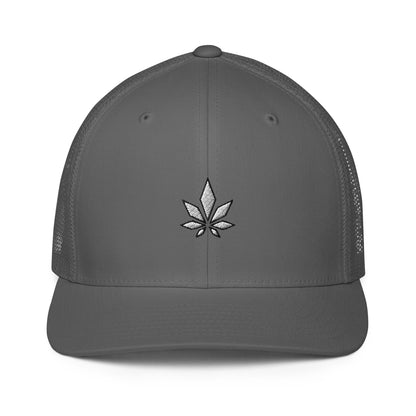 White And Black Weed Leaf Closed-back Trucker Cap