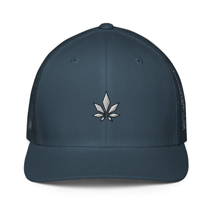 White And Black Weed Leaf Closed-back Trucker Cap