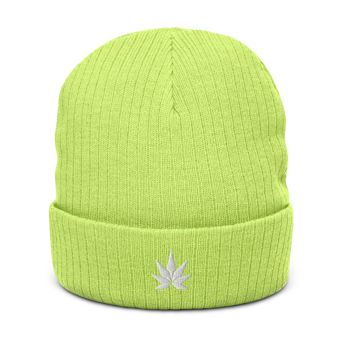 White Cannabis Leaf Ribbed knit Beanie