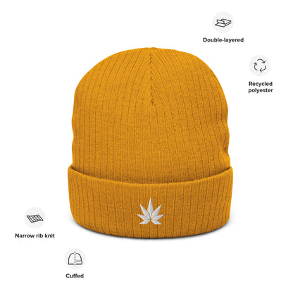 White Cannabis Leaf Ribbed knit Beanie