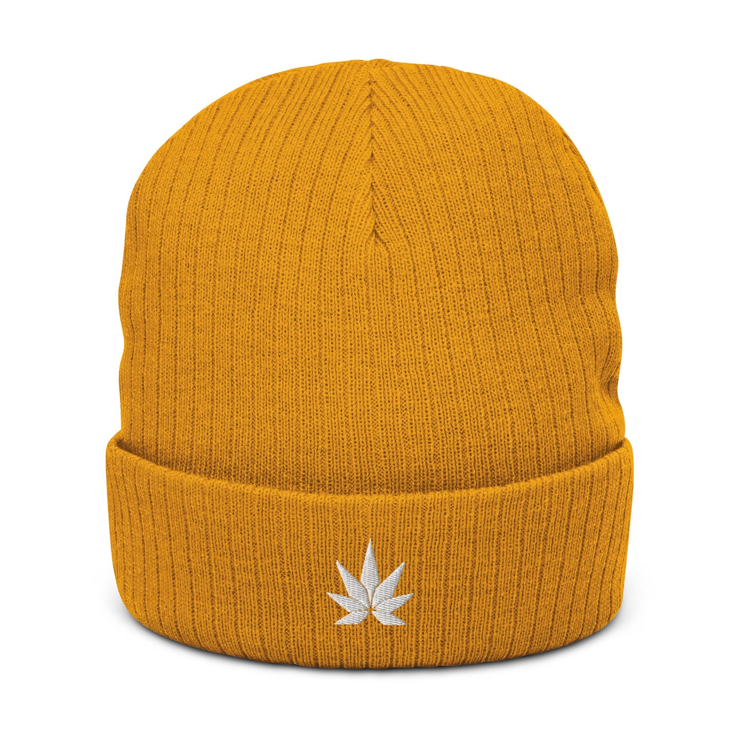 White Cannabis Leaf Ribbed knit Beanie