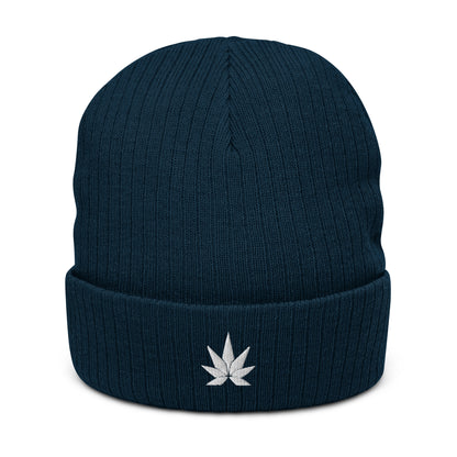 White Cannabis Leaf Ribbed knit Beanie